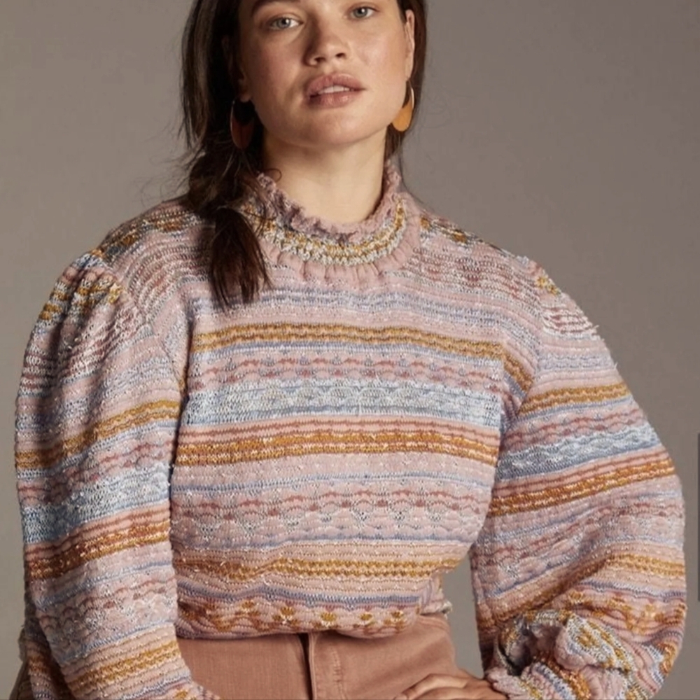 Anthropologie Sweater Cecilia Prado, Mock Neck, Balloon Sleeve,  2X Coquette